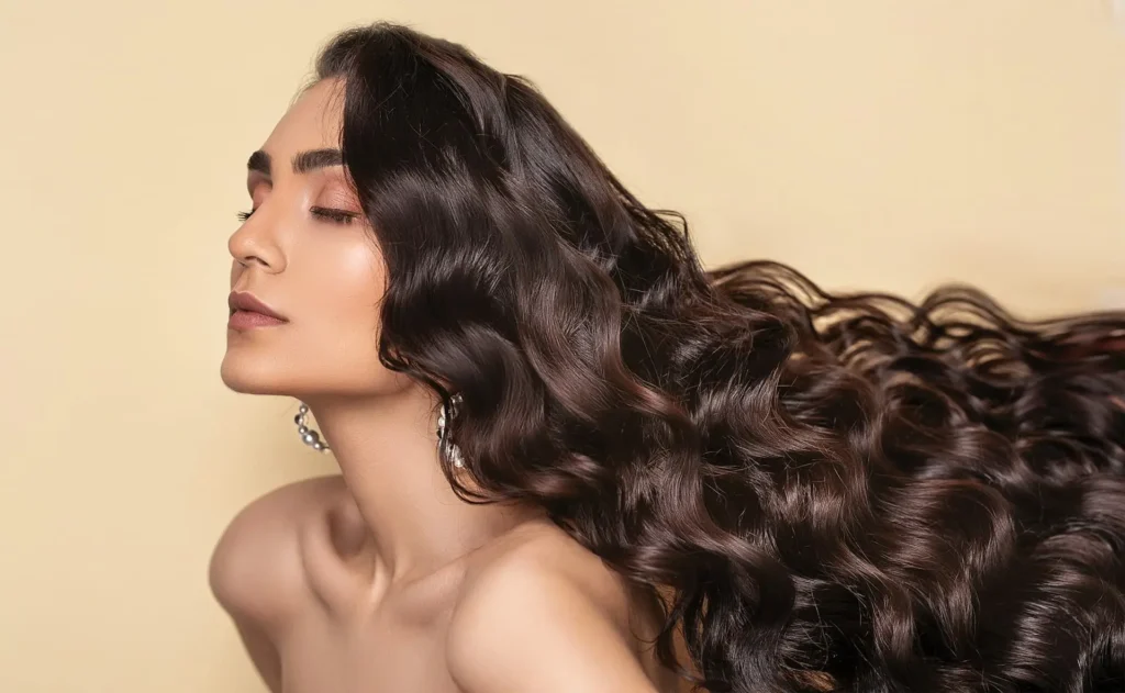 Mulher com os olhos fechados, destacando os cabelos, em retrato artístico de moda